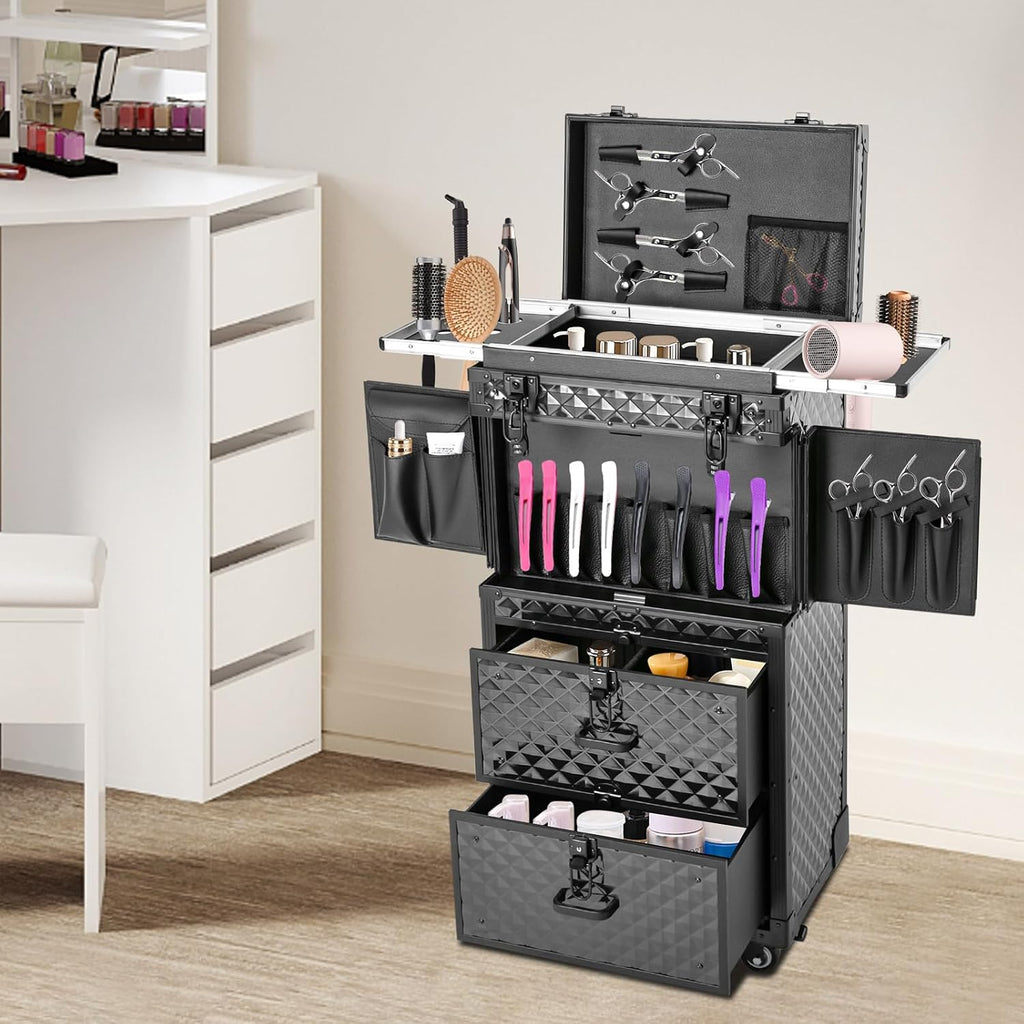 Rolling Makeup Train Case, Aluminum Cosmetic Organizer Box Rolling Lockable Makeup Case with 4 Universal Wheels Large Professional Cosmetology Case Multi-Functional Cosmetic Train Case Black