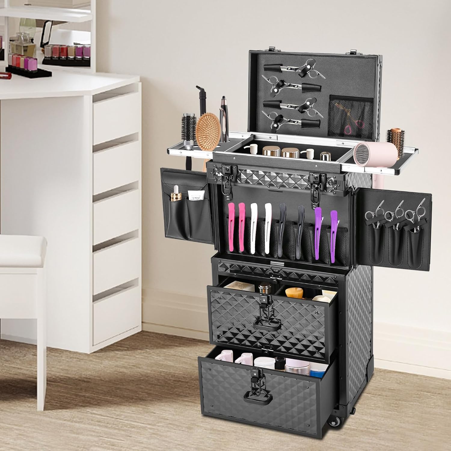 Rolling Makeup Train Case, Aluminum Cosmetic Organizer Box Rolling Lockable Makeup Case with 4 Universal Wheels Large Professional Cosmetology Case Multi-Functional Cosmetic Train Case Black