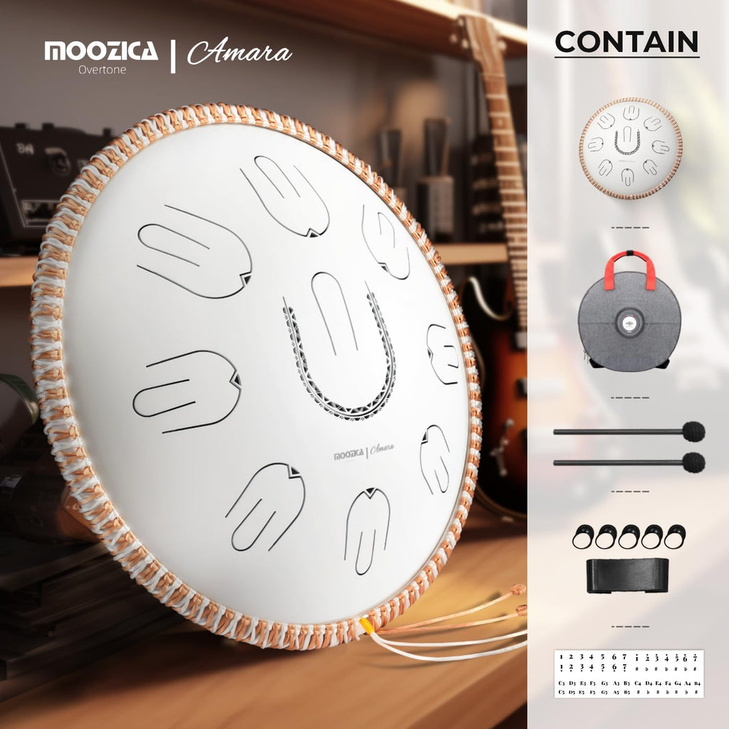 MOOZICA Steel Tongue Drum, 14' Portable Amara Scale Handpan With Octave Overtone Design, For Beginner and Professional (Amara, White)