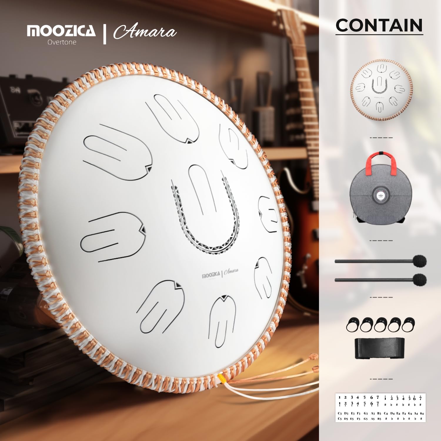 MOOZICA Steel Tongue Drum, 14' Portable Amara Scale Handpan With Octave Overtone Design, For Beginner and Professional (Amara, White)