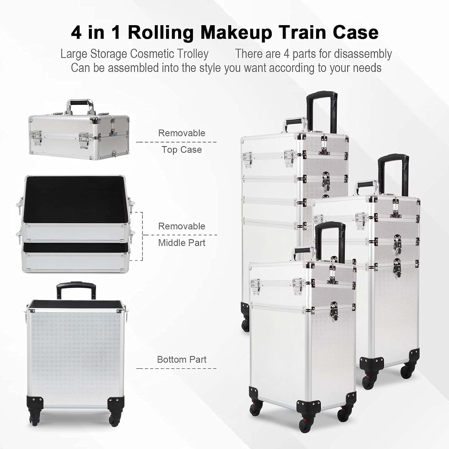 4 in 1 Rolling Makeup Train Case, Large Storage Cosmetic Trolley Makeup Travel Case with Key & Wheels Salon Barber Case Traveling Cart Trunk (SILVER)