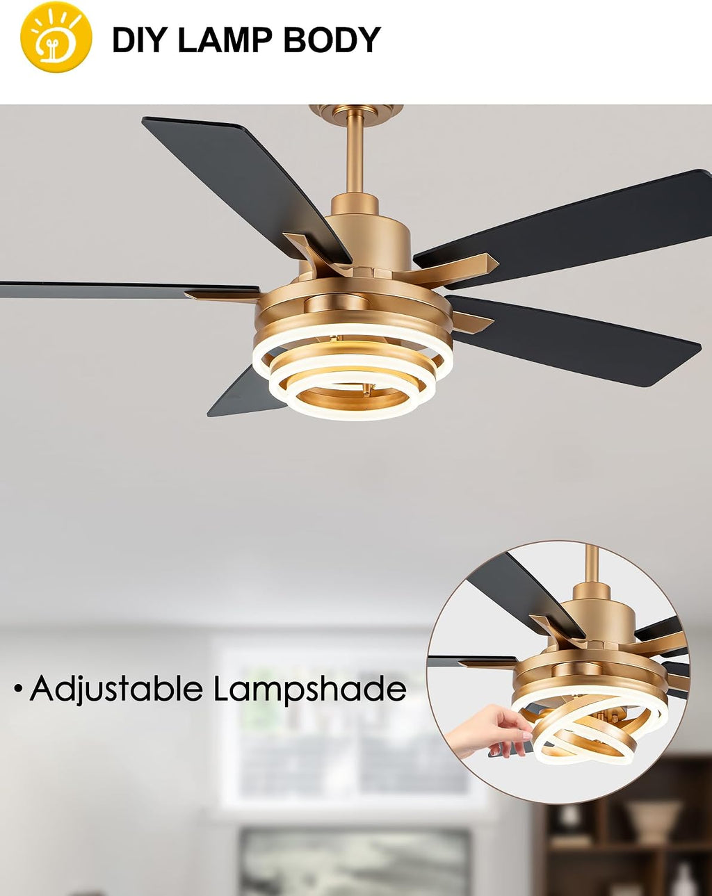 Dawn Whisper 52' Gold Ceilling Fans with Lights Modern Chandelier Fan Fandelier Ceiling Fan with Light for Bedroom, Living Room DC Motor Reversible Dimmable LED