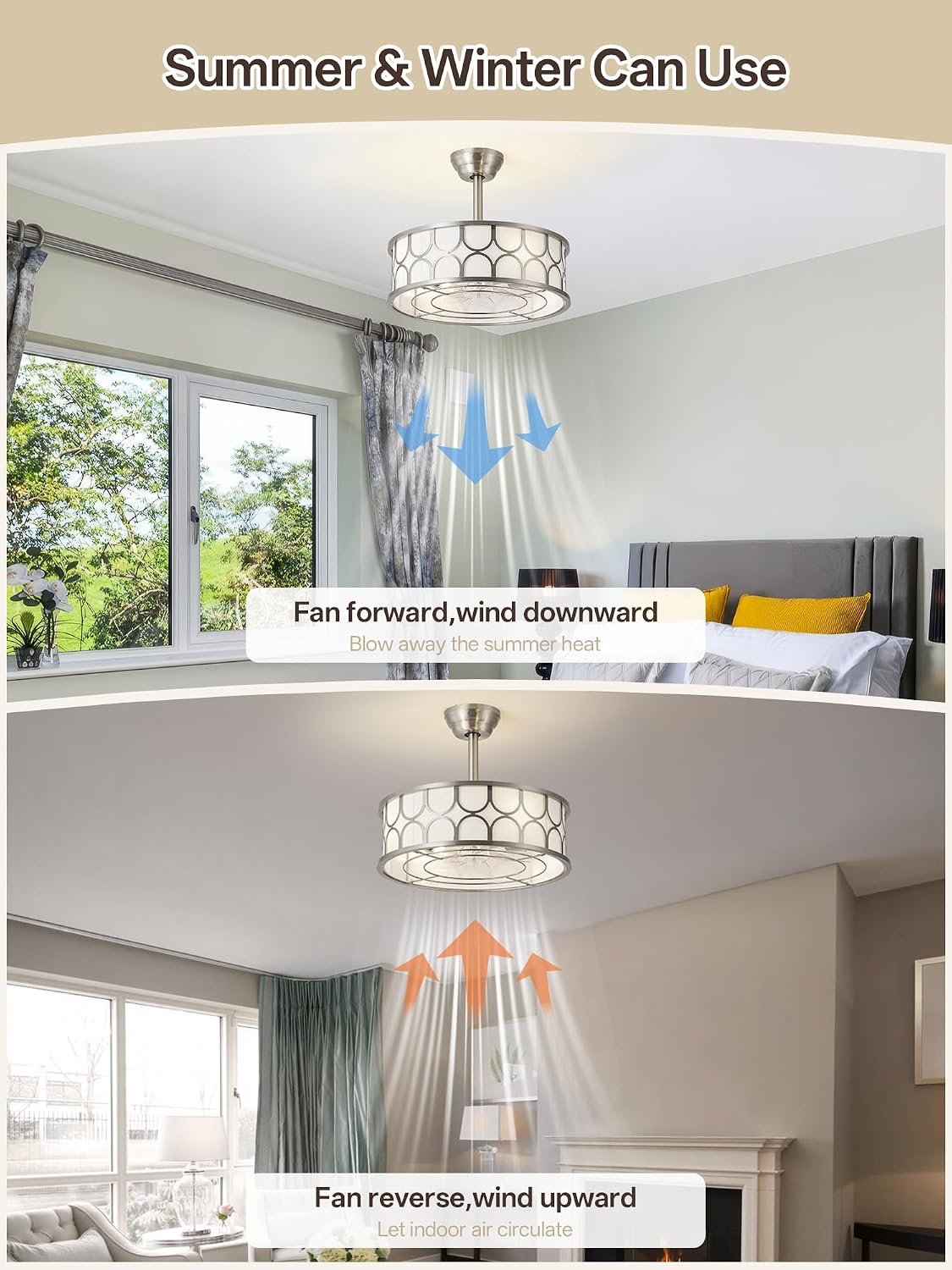 20' Sliver Boho Fandelier Ceiling Fans with Lights, Caged Bladeless Ceiling Fan with Light Remote Control. Chandelier with 6 Speeds for Bedroom, Nursery, Living room.
