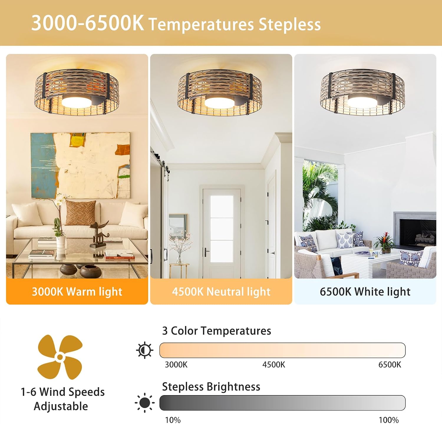 Ganeed 18W LED 20 Inch Dimmable Bamboo Rattan Fandelier, Boho Caged Ceiling Fan with Light and Remote, 6 Speed/Reversible Motor/RGB LED Small Ceiling Fan for Bedroom Living Room Kitchen Nursery