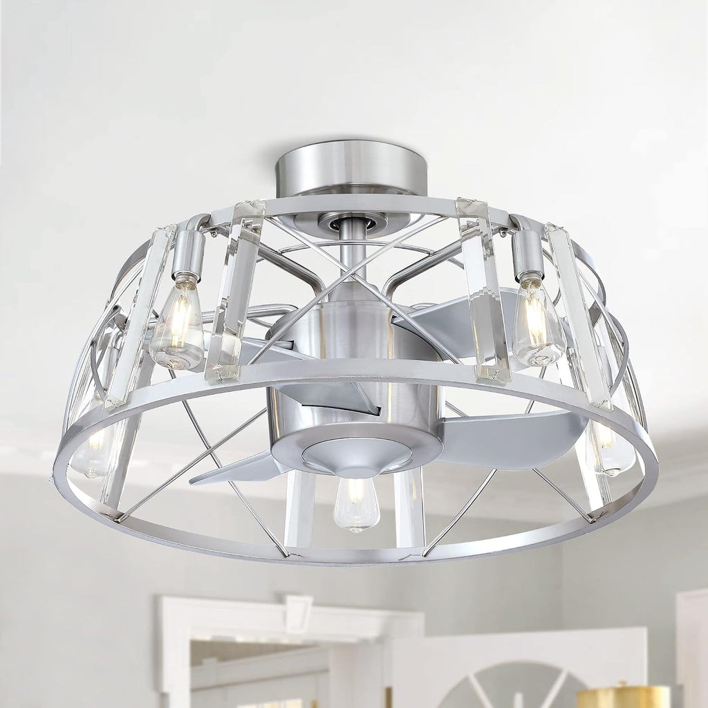 Parrot Uncle Ceiling Fans with Lights and Remote Bladeless Chandelier Ceiling Fan with Light for Bedroom Semi Flush Mount Ceiling Fans, 23 Inch, Silver