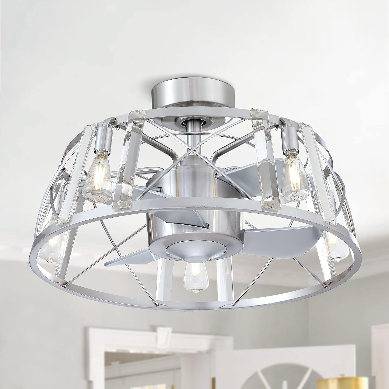 Parrot Uncle Ceiling Fans with Lights and Remote Bladeless Chandelier Ceiling Fan with Light for Bedroom Semi Flush Mount Ceiling Fans, 23 Inch, Silver