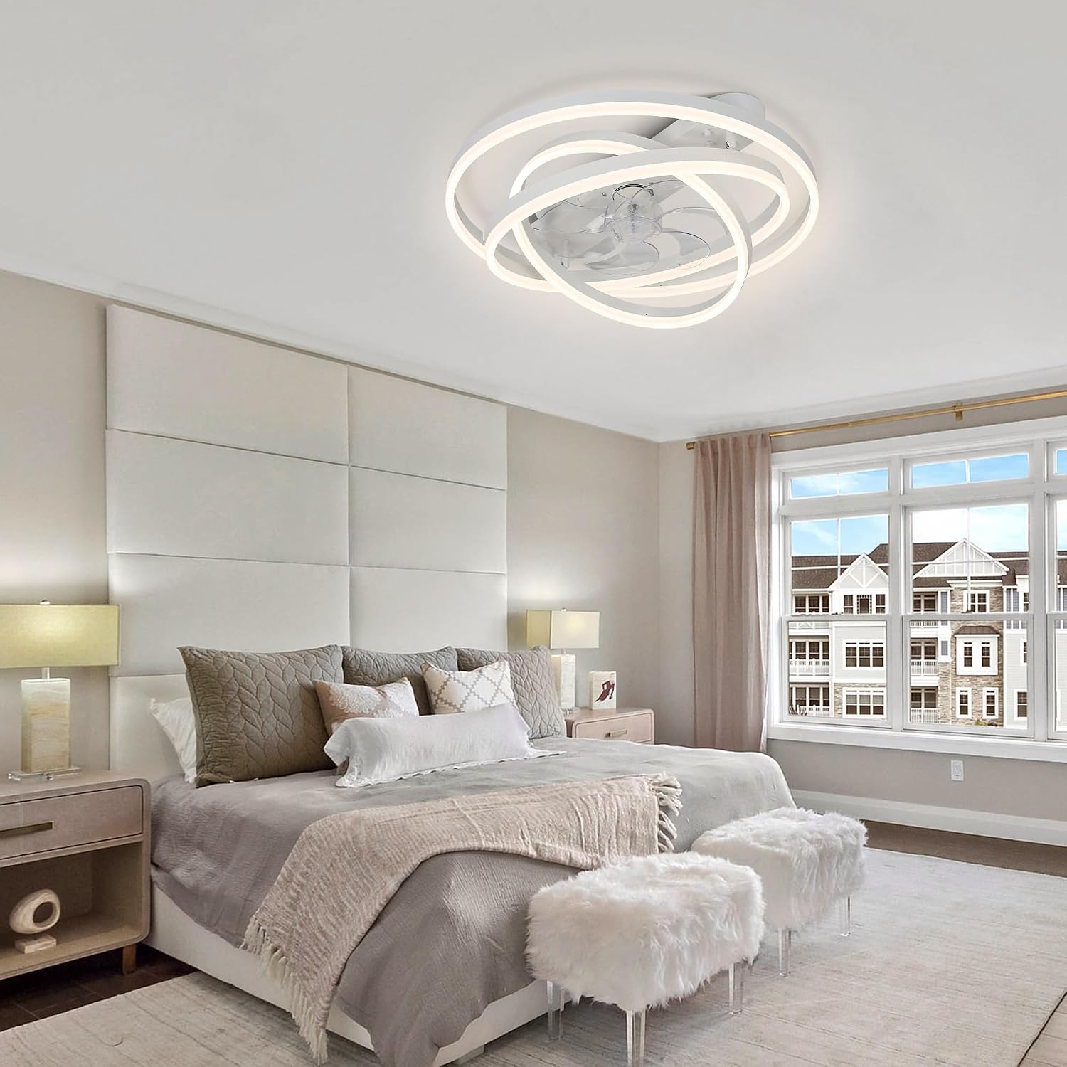 Low Profile Ceiling Fan with Light, Flush Mount Ceiling Fan with Lights 6 Speed Dimmable Ceiling Fans with Lights and Remote and App Control for Bedroom