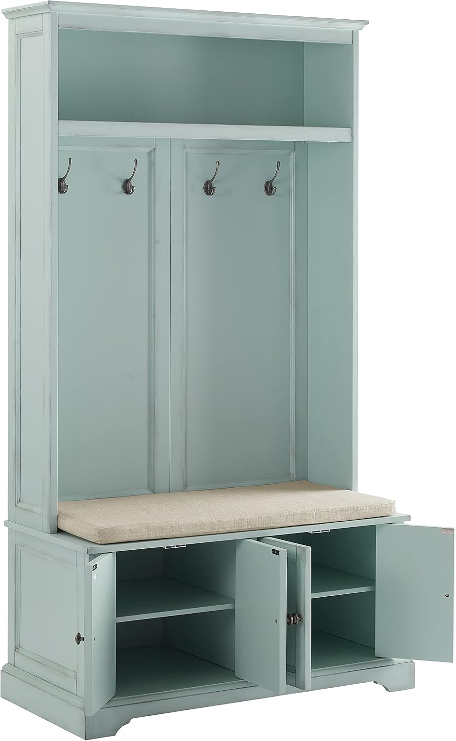 Crosley Furniture Holbrook Hall Tree with Shoe Rack Bench and Coat Hooks for Hanging Storage, Distressed Seafoam Blue