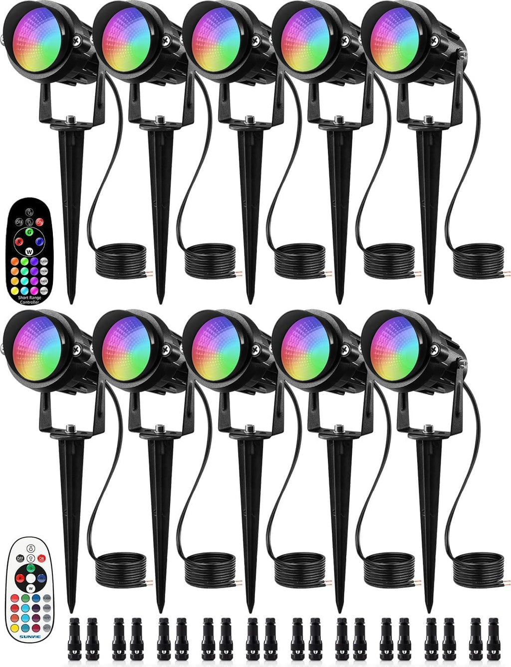 SUNVIE 12W Low Voltage Landscape Lighting RGB Color Changing LED Landscape Lights with Remote Control Waterproof Garden Patio Spotlight Christmas Decoration for Outdoor(10 Pack with Connector)