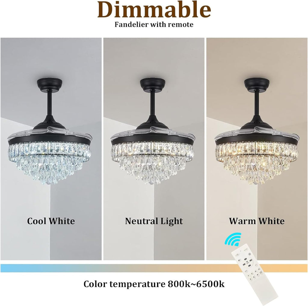 CLAIRDAI 42'' Crystal Fandelier Ceiling Fan with Lights, Stepless Dimmable LED Chandelier Fan, Retractable Blades, Remote & APP Control, 6-Speed Flush Mount for Bedroom Living Room Dining Room