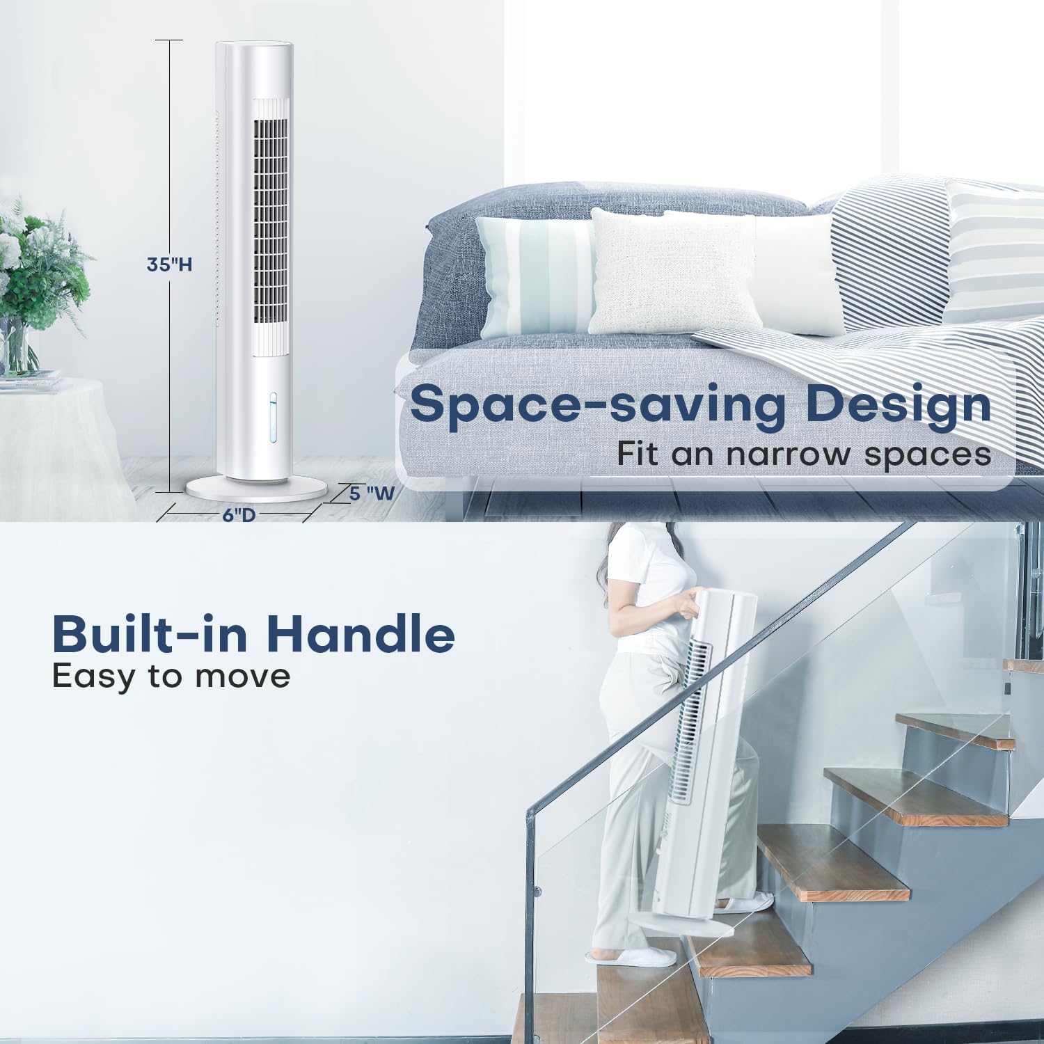 Evaporative Air Cooler, 35' Windowless Air Conditioner Portable, 3 Speeds, 1.2L Water Tank, 3 Ice Packs, 20ft Remote, 7H Timer, No Hose No Window Needed,70° Oscillating Portable AC Unit for Room