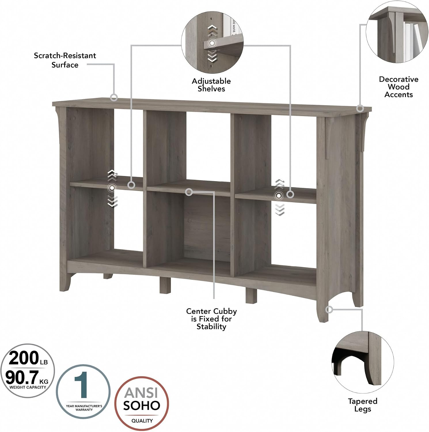 Bush Home Salinas 6 Cube Organizer in Driftwood Gray, Office Storage Solution, Home Organizer with Open Shelving, Compact Unit for Books and Supplies