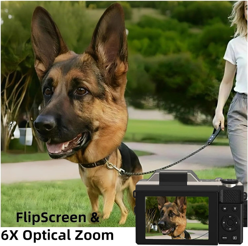ORDRO Digital Camera, 4K Compact Camera, 6X Optical Zoom, 8MP Sensor, 2.8' 180° Flip Screen, Built-in Flash, WiFi, Suitable for Kids Teens Beginners