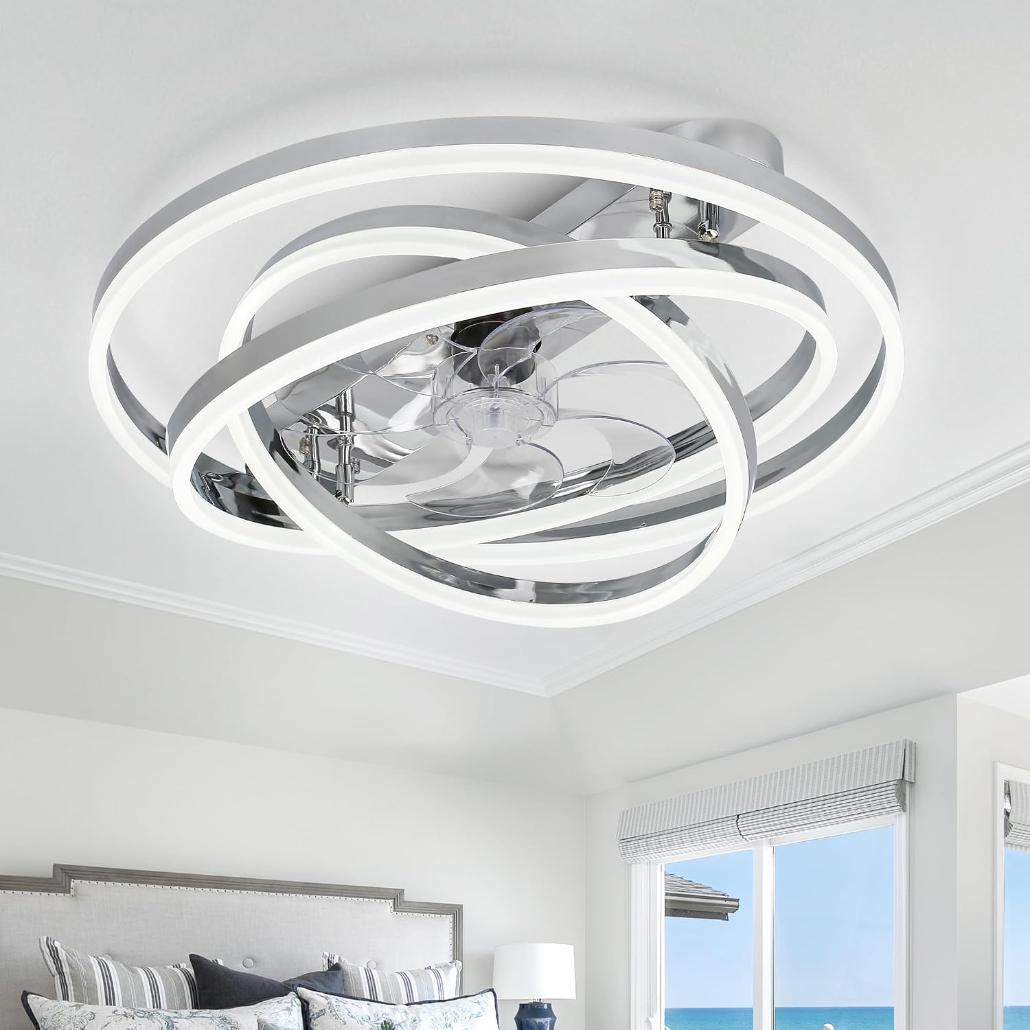 Modern Ceiling Fan with Light, Low Profile Flush Mount Ceiling Fan with Lights 6 Speed Dimmable Ceiling Fans with Lights and Remote