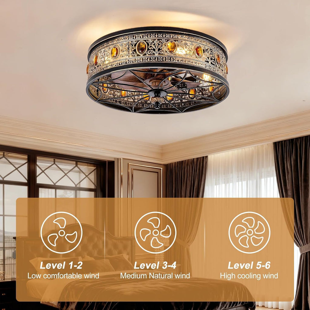 Caged Ceiling Fan with Light, Vintage Victorian Rustic Crystal Fandelier, Low Profile Flush Mount, Small Enclosed Bladeless Ceiling Fan for Bedroom, Kitchen, Living Room, Dining Room