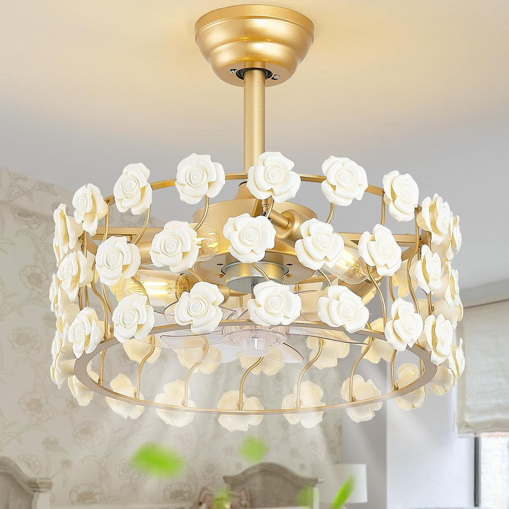 20' Gold Fandelier Ceiling Fan with Light, Flower Caged Ceiling Fan with Lights and Remote Control, 6 Speeds for Bedroom, Kitchen, Living Room