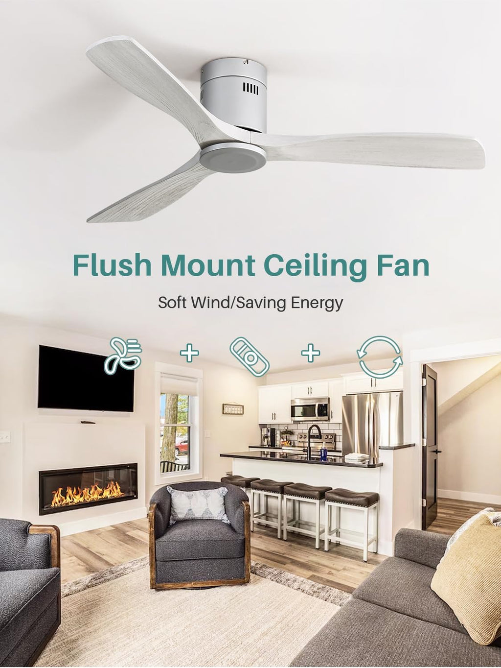 Sofucor Ceiling Fan, 52 Inch, Low Profile, DC, 3 Carved Wood Blades, Flush Mount, Noiseless, Reversible Motor, Remote Control, Without Light, Silver+Grey