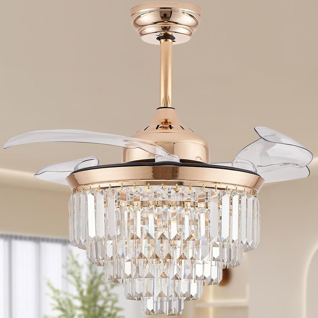 Finktonglan 36' Gold Crystal Flush Mount Fandelier Ceiling Fan with Light, Retractable Blades, Dimmable 72W LED, Remote & App Control, Quiet Reversible Motor, 6 Speeds for Bedroom/Living Room