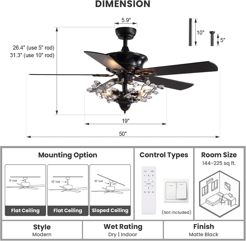 Modern Crystal Chandelier Ceiling Fan Gorgeous Reversible Ceiling Fan Light Fixture with Remote for Bedroom Living Room (Black-2, 50')