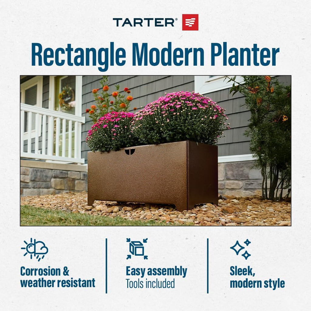 Tarter Rectangle Modern Planter for Outdoor Plants with Tools Included - 16.5 in. H x 32.50 in. L x 16.25' D - Large Raised Garden Bed Planter Box with Galvanized Steel - Lawn & Gardening Essentials