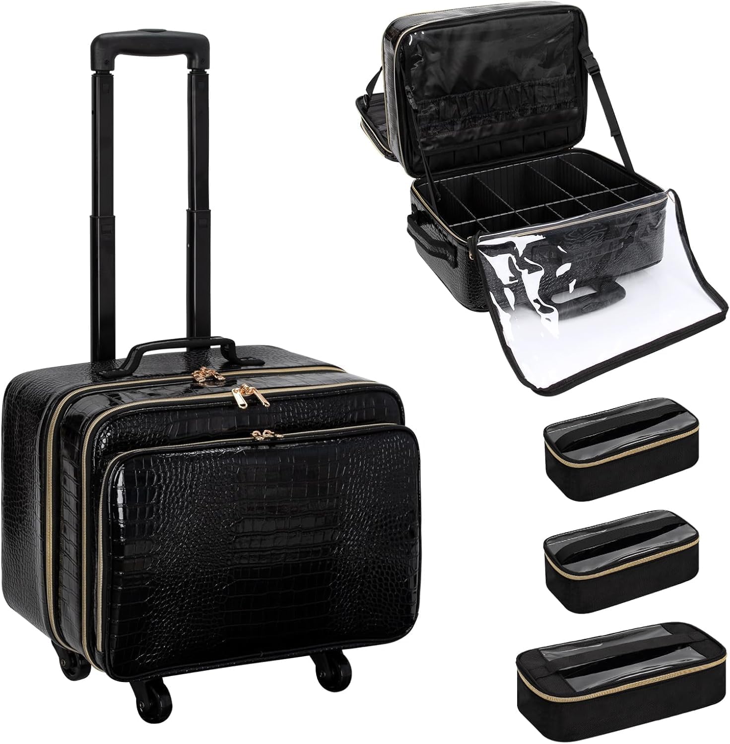 OCHEAL Rolling Makeup Train Case, 18' Carry On Travel Cosmetic Organizer Suitcase,Extra Large Trolley Makeup Storage Case On Wheels,3 Layers with 3pcs Traveling Bags for Hairstylist Cosmetology Artist