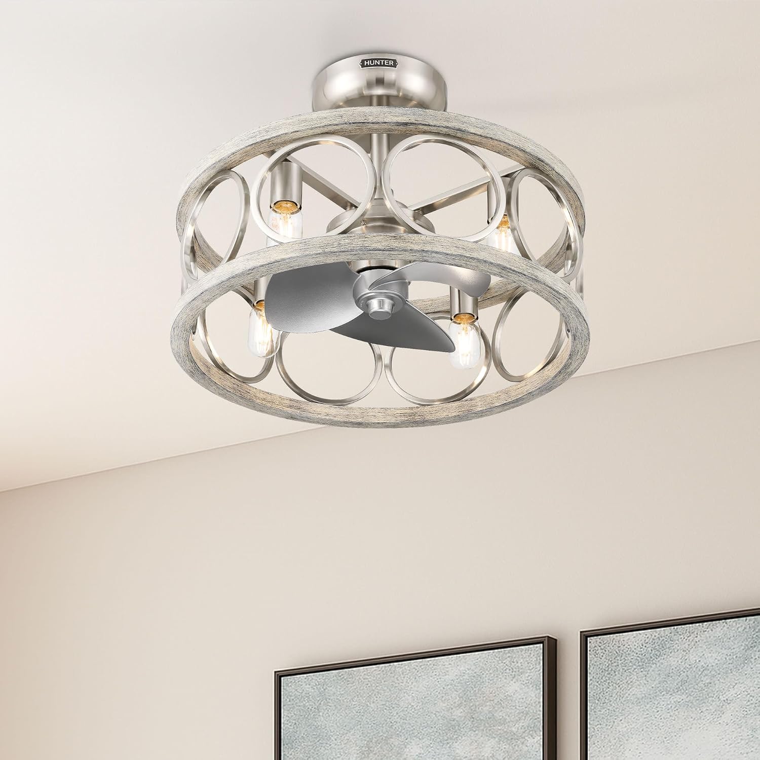 Hunter Haven 22 inch Indoor Fandelier Caged Ceiling Fan with Light and Remote, Brushed Nickel Ceiling Fan with Wood Accents, Industrial Farmhouse Style for Bedrooms, Living Rooms, Home Offices, 50104
