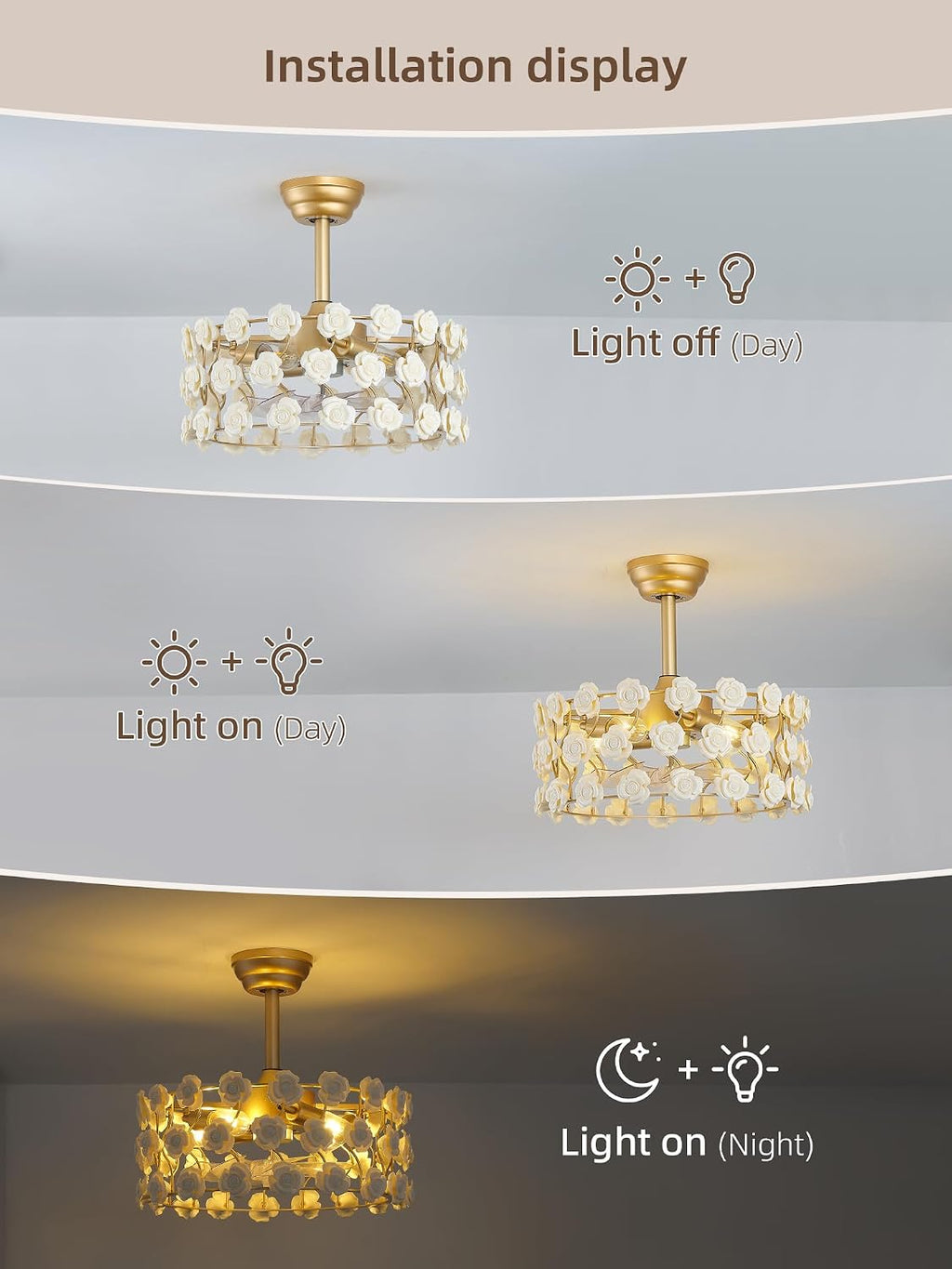20' Gold Flower Fandelier Ceiling Fans with Lights, Caged Gold Crystal Chandelier Ceiling Fan with Light with 6 Speeds for Bedroom, Nursery, Living Room