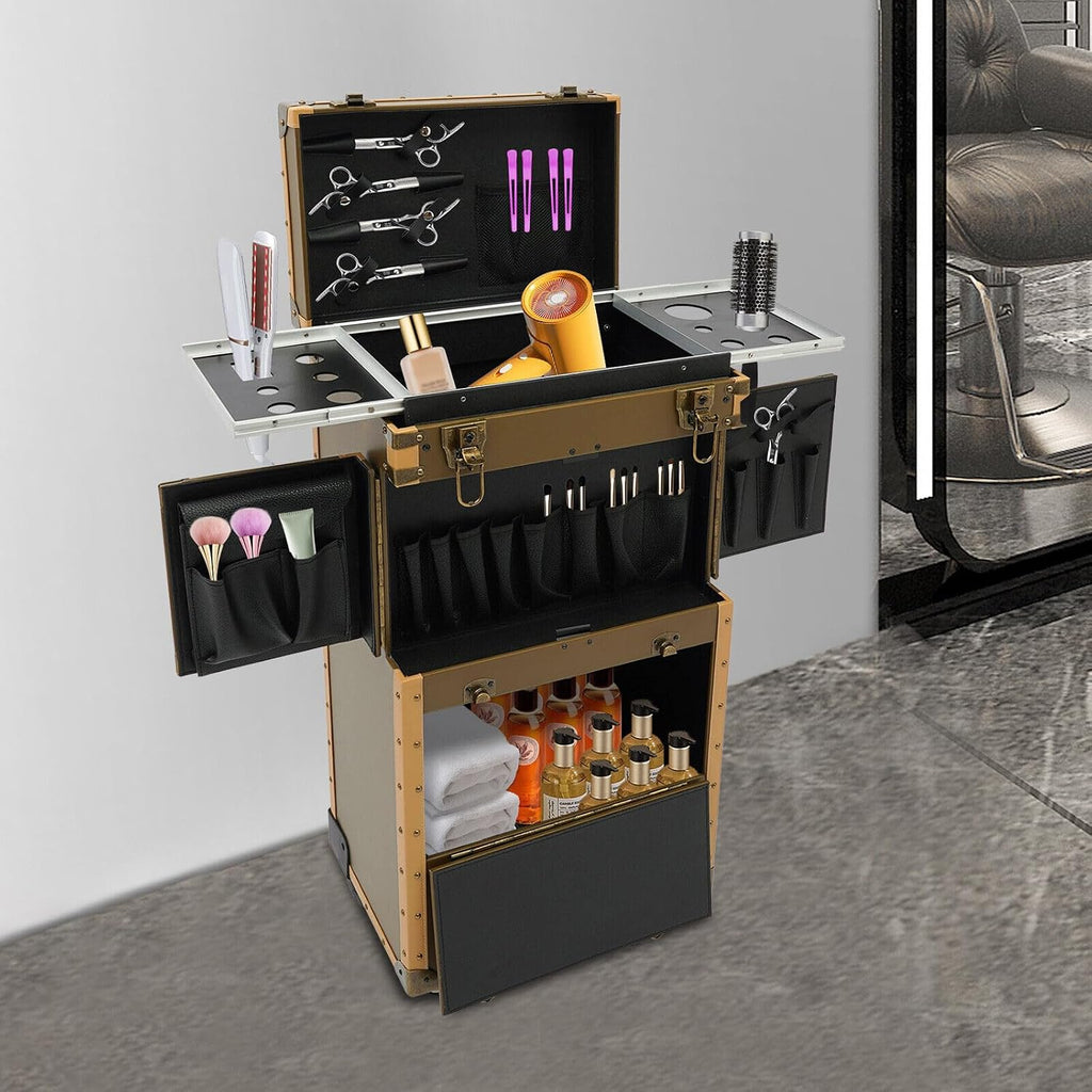 Rolling Makeup Case, Cosmetic Organizer Trolley Train Case with Keys, Large Storage Swivel Wheels Salon Barber Traveling Trunk for Make Up Hairstylists Nail Tech (Gold with 2Keys)