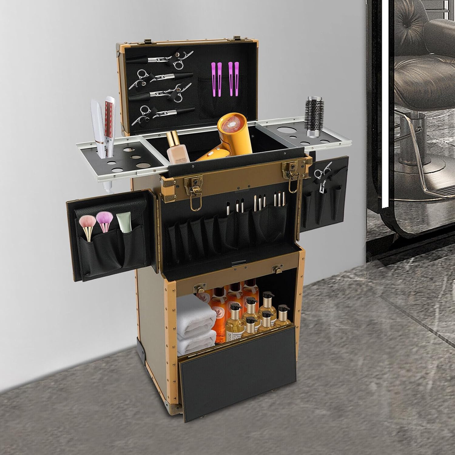 Rolling Makeup Case, Cosmetic Organizer Trolley Train Case with Keys, Large Storage Swivel Wheels Salon Barber Traveling Trunk for Make Up Hairstylists Nail Tech (Gold with 2Keys)