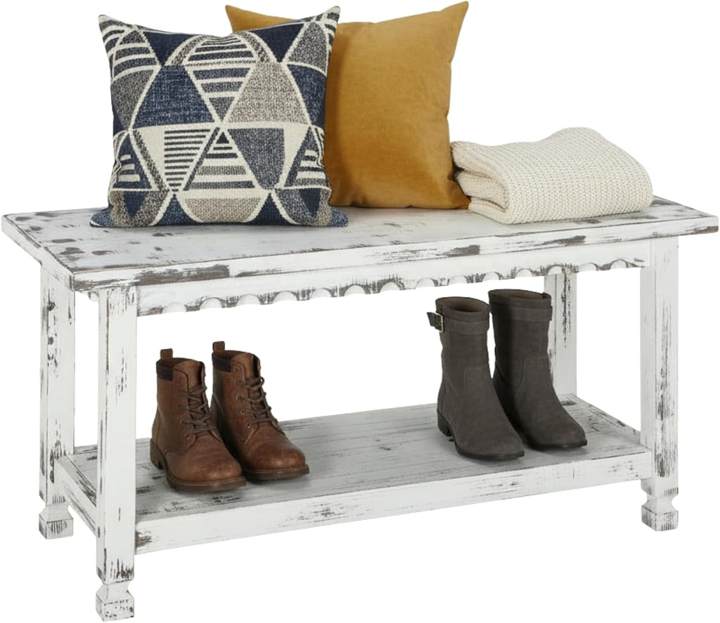 Country Cottage 36-Inch Farmhouse Entryway Bench with Storage Shelf – Solid Pine Wood Bench in Distressed White for Hallway, Bedroom, or Mudroom by Alaterre Furniture
