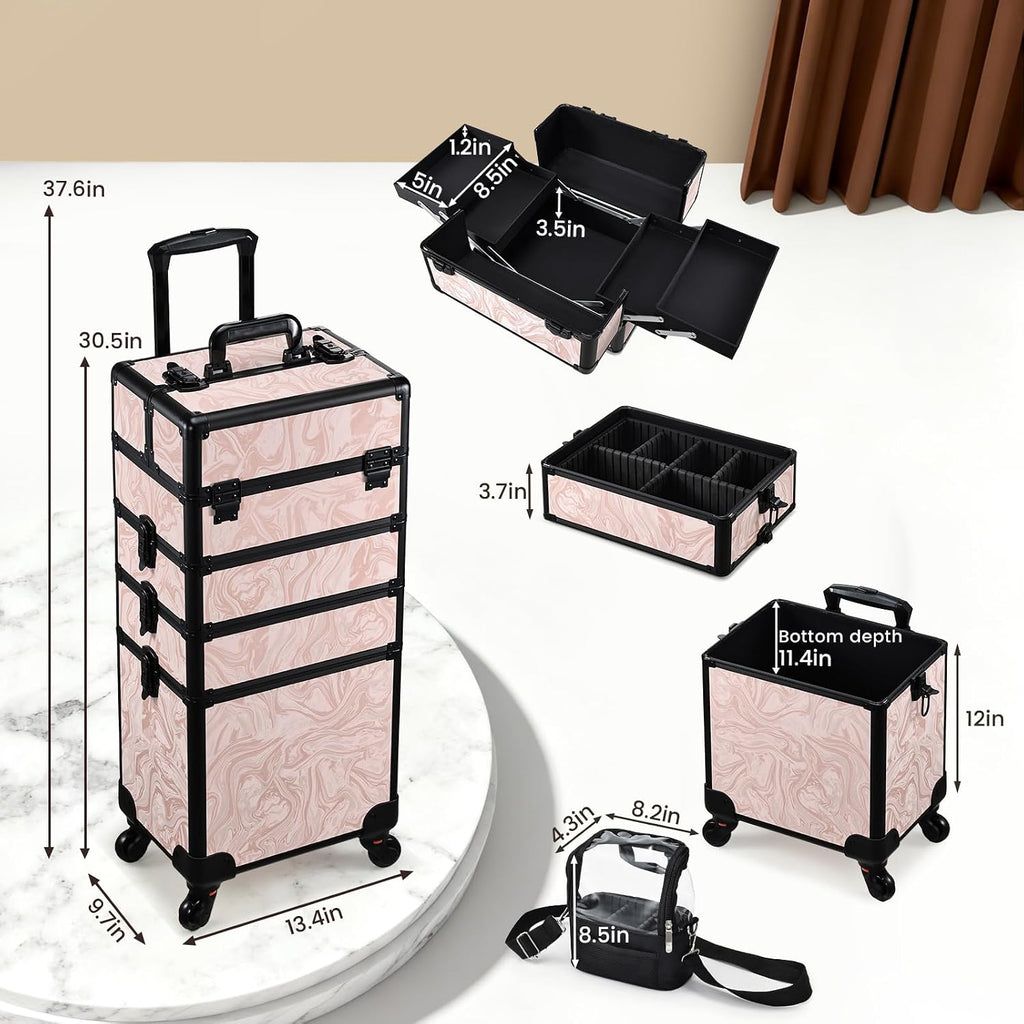 Stagiant Rolling Makeup Case 4 in 1 Cosmetology Case on Wheels Makeup Travel Case with Cosmetic Bag Key Swivel Wheels Salon Barber Case Traveling Cart Trunk Cosmetic Trolley Alpine Pink