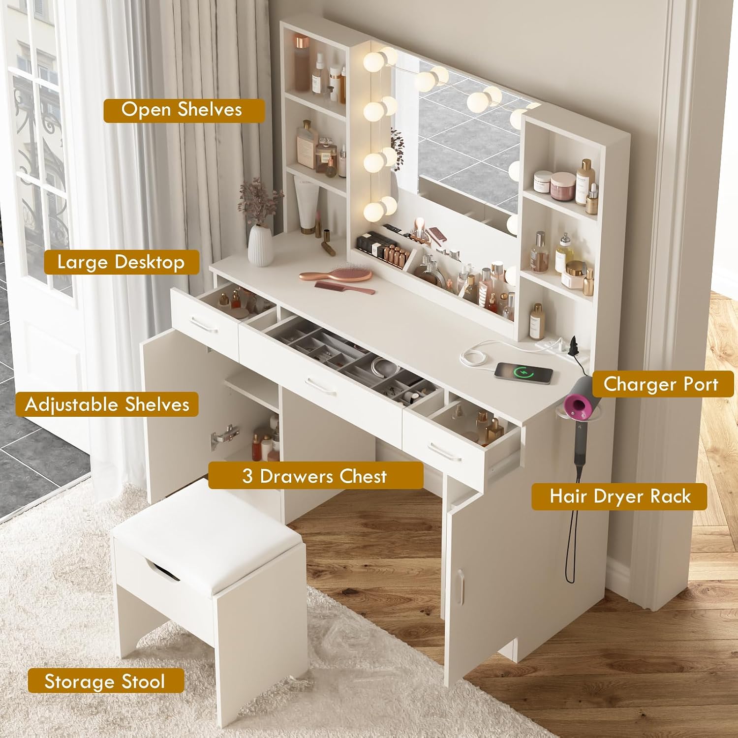 Vabches Makeup Vanity Table with Lighted Mirror & Power Strip, Large Vanity Set Vanity Desk with Storage Stool, 3 Lighting Modes, Brightness Adjustable, 45.2in(L)
