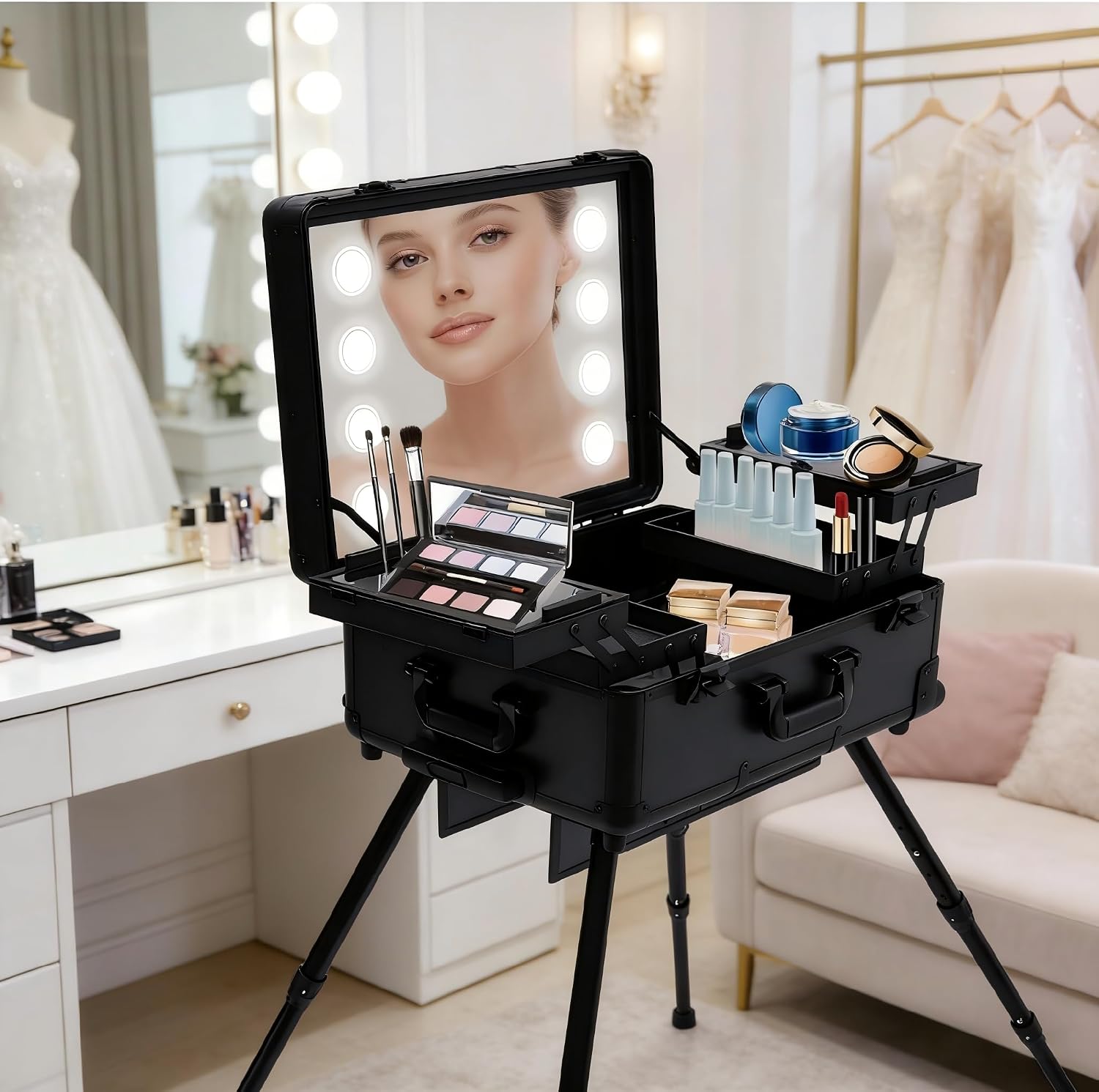 Rolling Makeup Case with LED Mirror & 3 Light Colors, 22'' Aluminum Trolley Makeup Train Case with Reinforced Lock, Cosmetic Organizer Case for Hairstylist (Black)