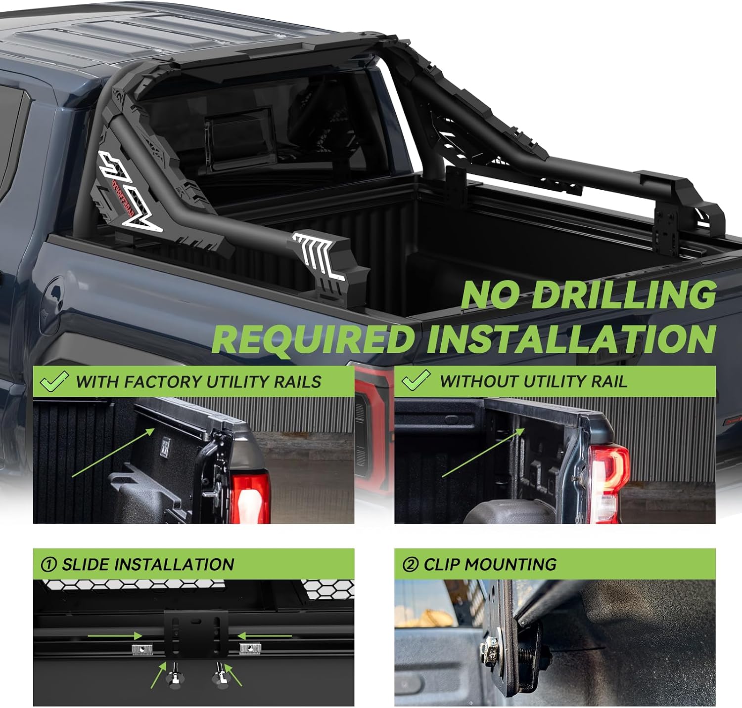 Heavy-Duty Roll Bar Compatible With Retractable Tonneau Covers With Rails | For Mid-Size Trucks Tacoma, Ranger, Colorado, Canyon, Frontier | Three installation methods No Drilling Installation