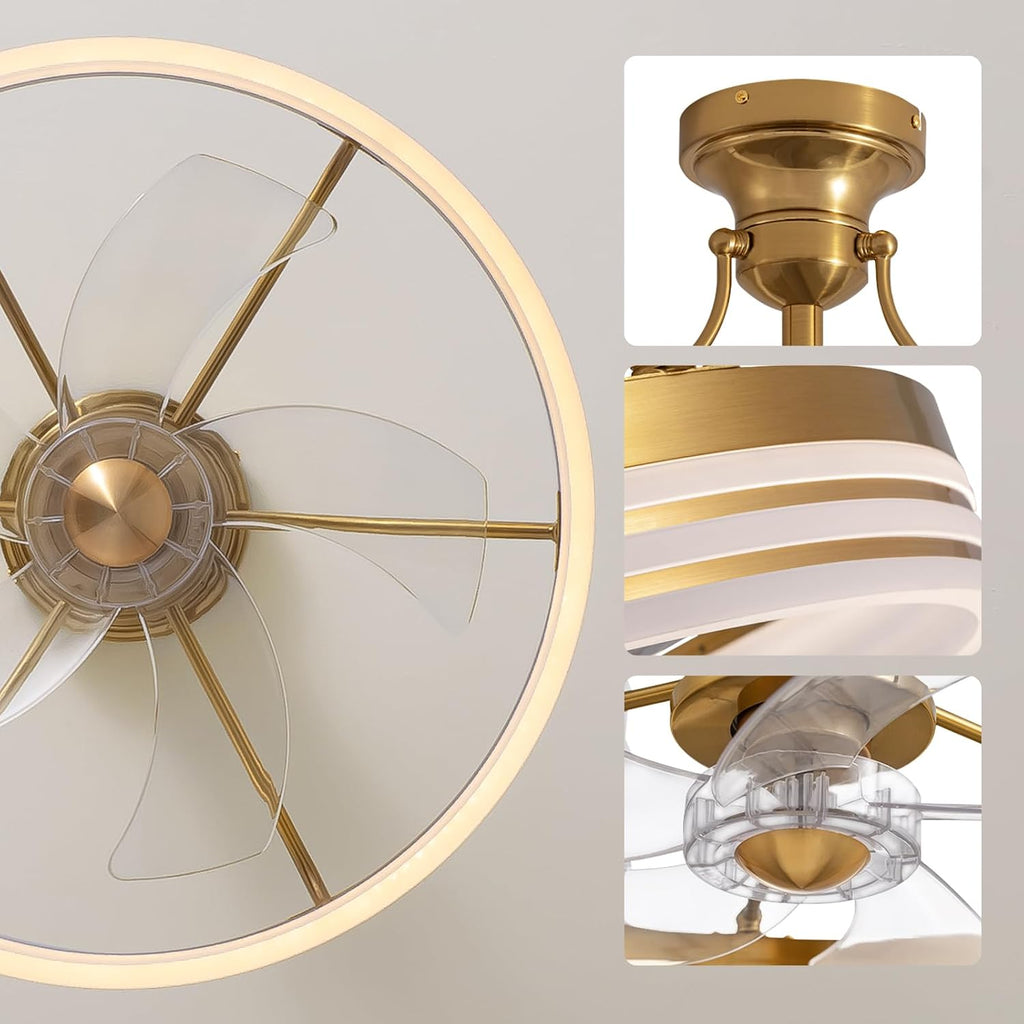 20inch Ceiling Fan with Light Gold Flush Mount Fandelier with Remote Control Modern LED Ceiling Fan 6 Wind Speeds Fandelier for Bedroom Living Room Kitchen