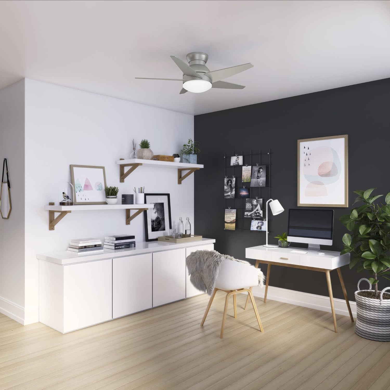 Casablanca 44 inch Indoor Ceiling Fan with LED Light - Low Profile Flush Mount Ceiling Fan for Bedroom, Living Room, or Kitchen, Wall Control, 5 Blades, Includes Bulb - Isotope 51742, Matte Nickel