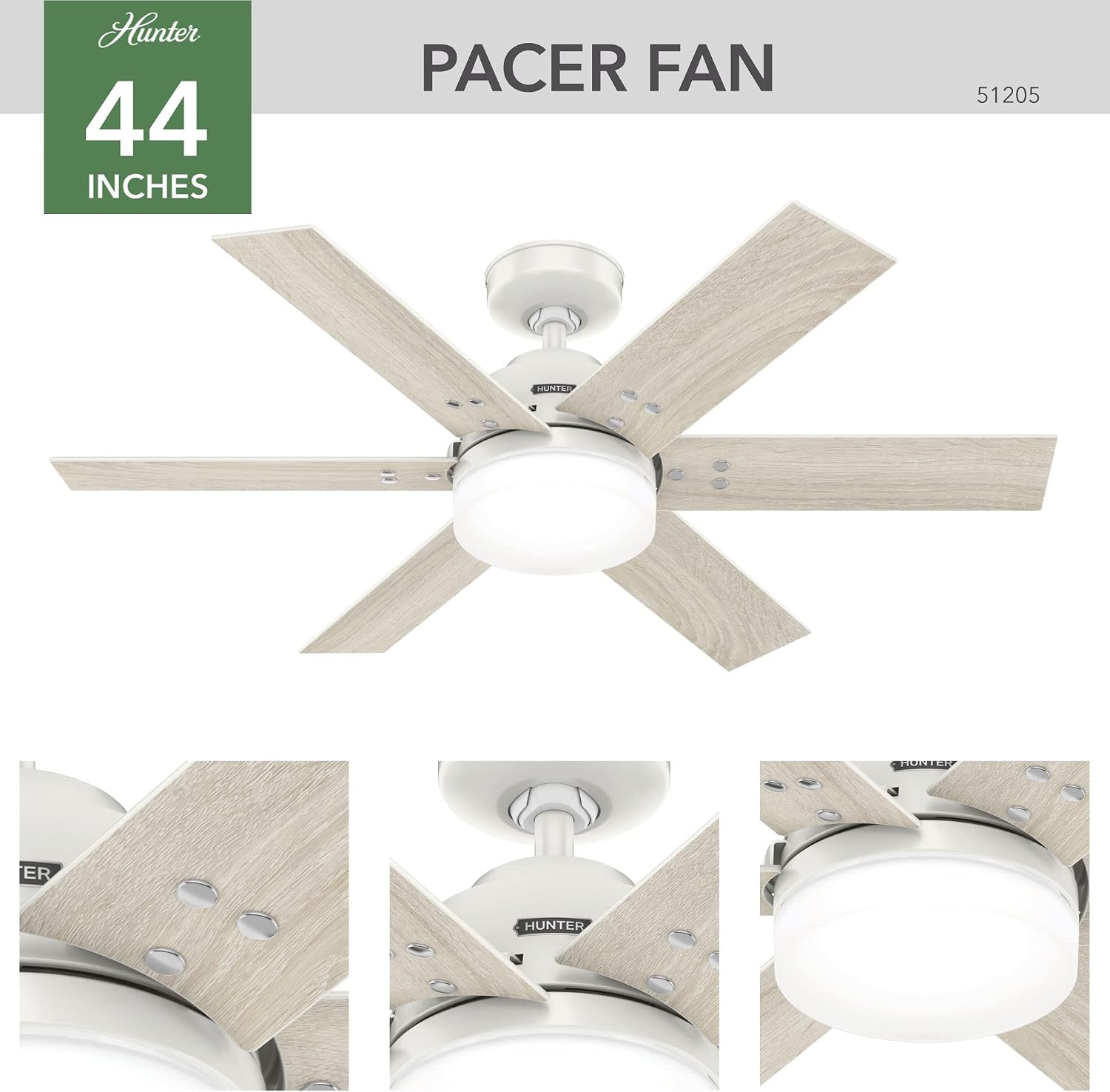 Hunter 44 inch Indoor Ceiling Fan with LED Light and Remote Control - White Ceiling Fan, Standard Mount, 6 Blades, For Bedroom, Living Room, or Kitchen, Quiet - Pacer 51205, Fresh White