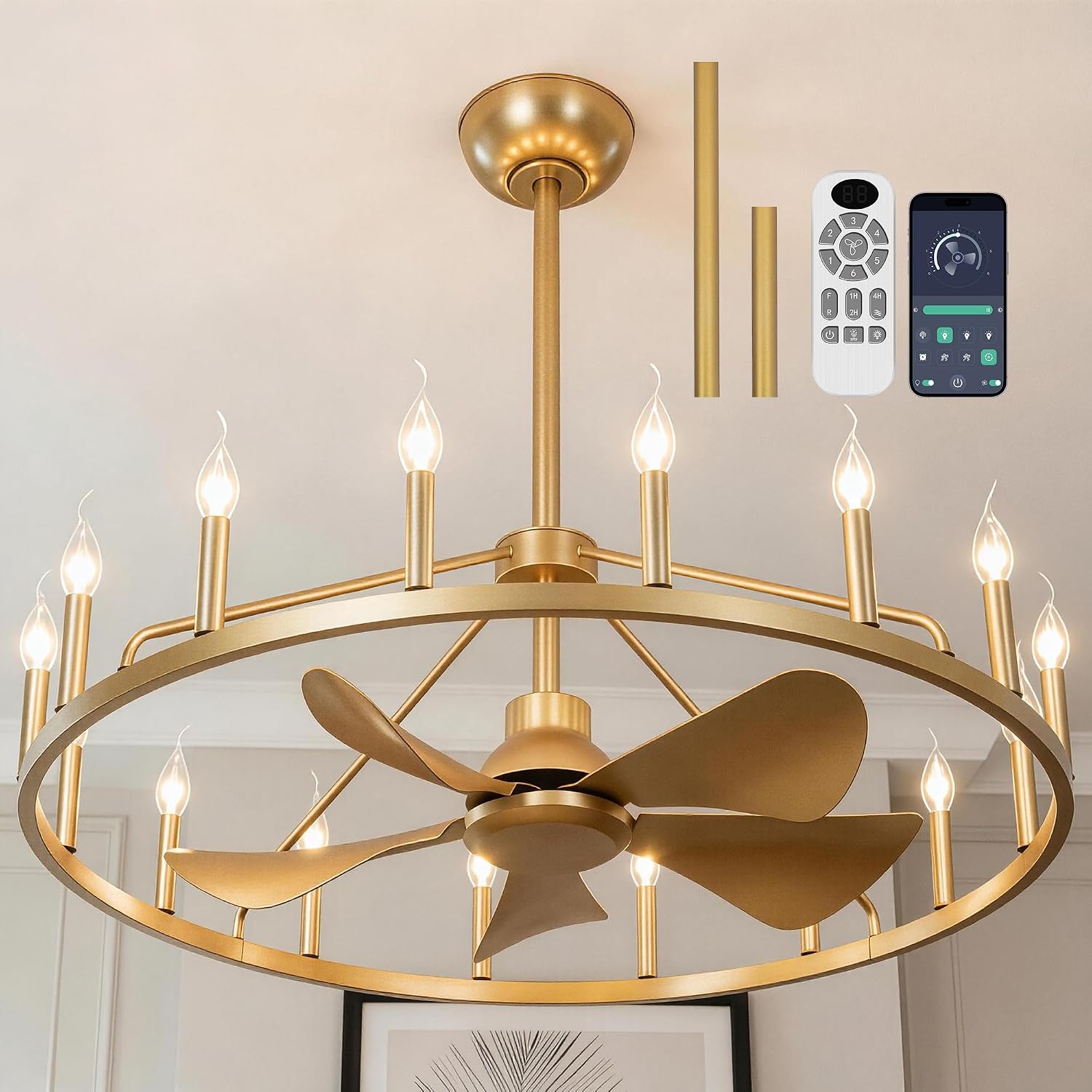 Farmhouse Chandelier Ceiling Fan with Light and Remote, 16-Lights Large Wagon Wheel Fandelier with Candle for Living Room, Gold Fan with Big Light Fixture for Living Room