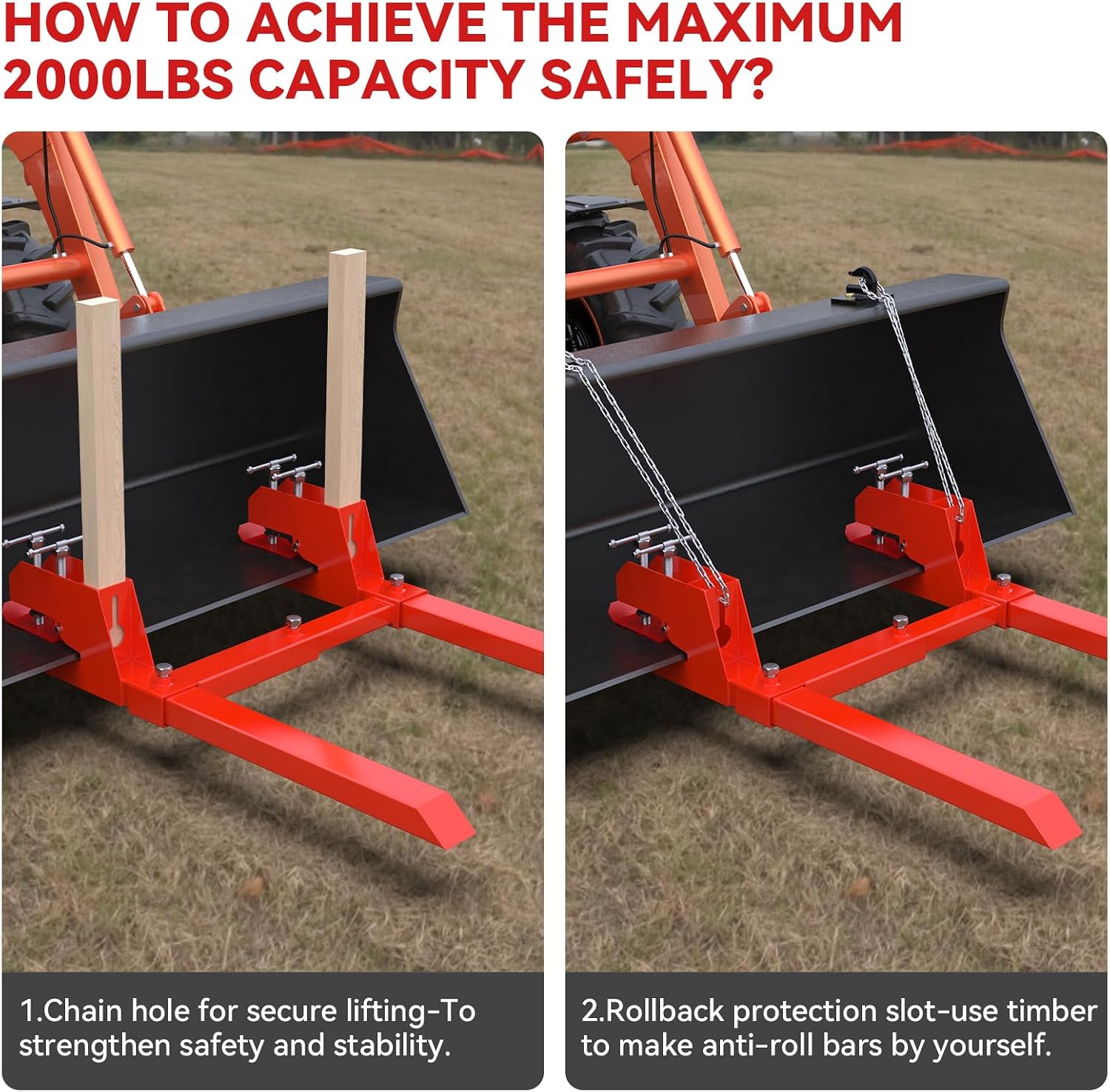 Upgraded 43' Tractor Bucket Forks,Clamp on Pallet Forks with Anti-Slip Tongue 2000LBS,Twin Screw Design,Adjustable Stabilizer Bar,Heavy Duty Skid Steer Pallet Forks for Tractor Bucket Loader, Red