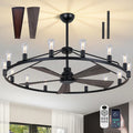 She's home 50' Wagon Wheel Chandelier with Fans, Black Large Farmhouse Ceiling Fan with Light and Remote, 15-Lights Round Rustic Fandelier for Living Room, Dining Room, Height Adjustable