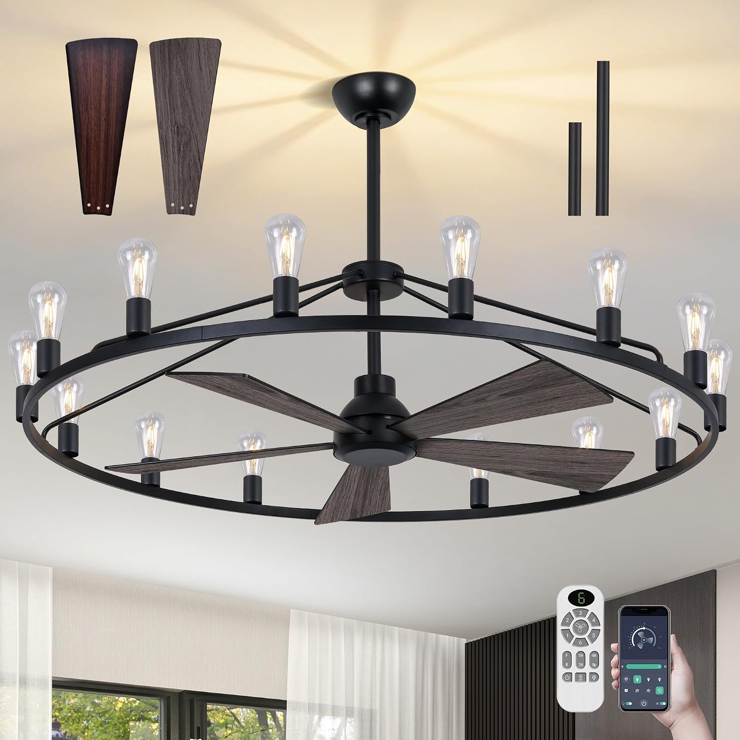 She's home 50' Wagon Wheel Chandelier with Fans, Black Large Farmhouse Ceiling Fan with Light and Remote, 15-Lights Round Rustic Fandelier for Living Room, Dining Room, Height Adjustable