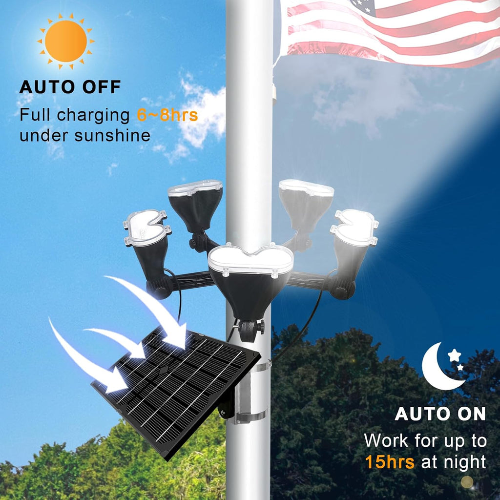 Flag Pole Light Solar Powered 12000mAh Battery Solar Flagpole Light 3600 Lumen Adjustable Metal Clamp Fit 2-6' Dia Flagpole 5 Super Bright Solar Spotlights Outdoor Waterproof Dusk to Dawn