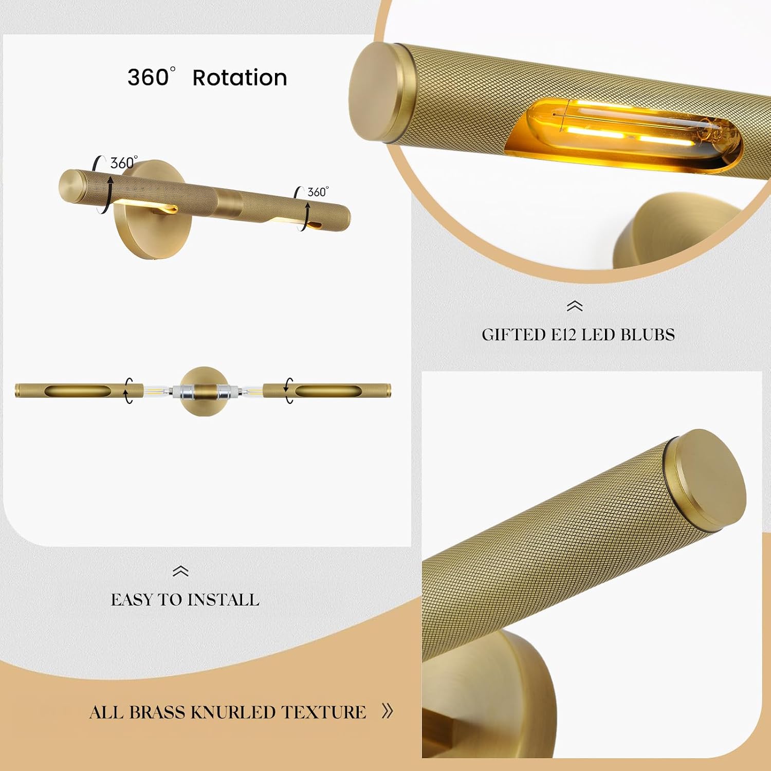 Hard-wired Knurled Picture Light, 19in Brass Picture Light for Wall, Dimmable Gold Art Lights, Rotatable 360° Sconce for Pictures Frame, Painting Wall Lights, Bathroom Wall Sconce, E12 Bulbs Included