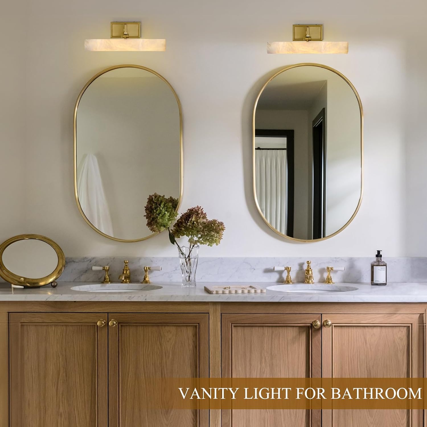 12in Alabaster Picture Light for Wall Art, Brushed Gold Art Display Light, Natural Marble Bathroom Vanity Lights, Modern Dimmable Brass Hardwired Picture Frame Light for Paintings, Poster, Library