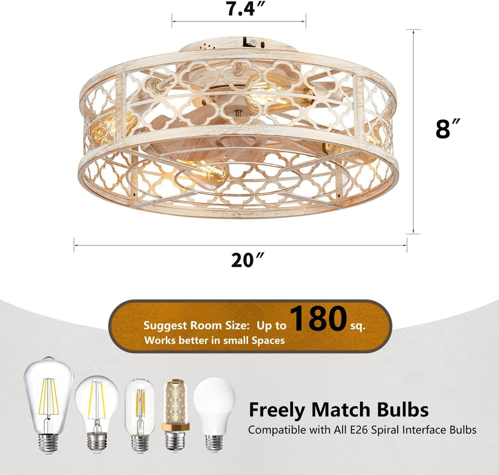 Farmhouse Ceiling Fans with Lights Remote Control,6 Speed Reversible Flush Mount Low Profile Rustic Antique White Ceiling Fan with Light,Boho Bladeless Country Caged Ceiling Light Fixture