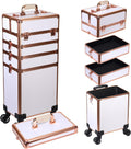 5 in 1 Rolling Makeup Train Case Professional Cosmetic Trolley Large Storage Organizer on Wheels for Hairstylist Artist Nail Beauty Salon Barber White - Gold Frame