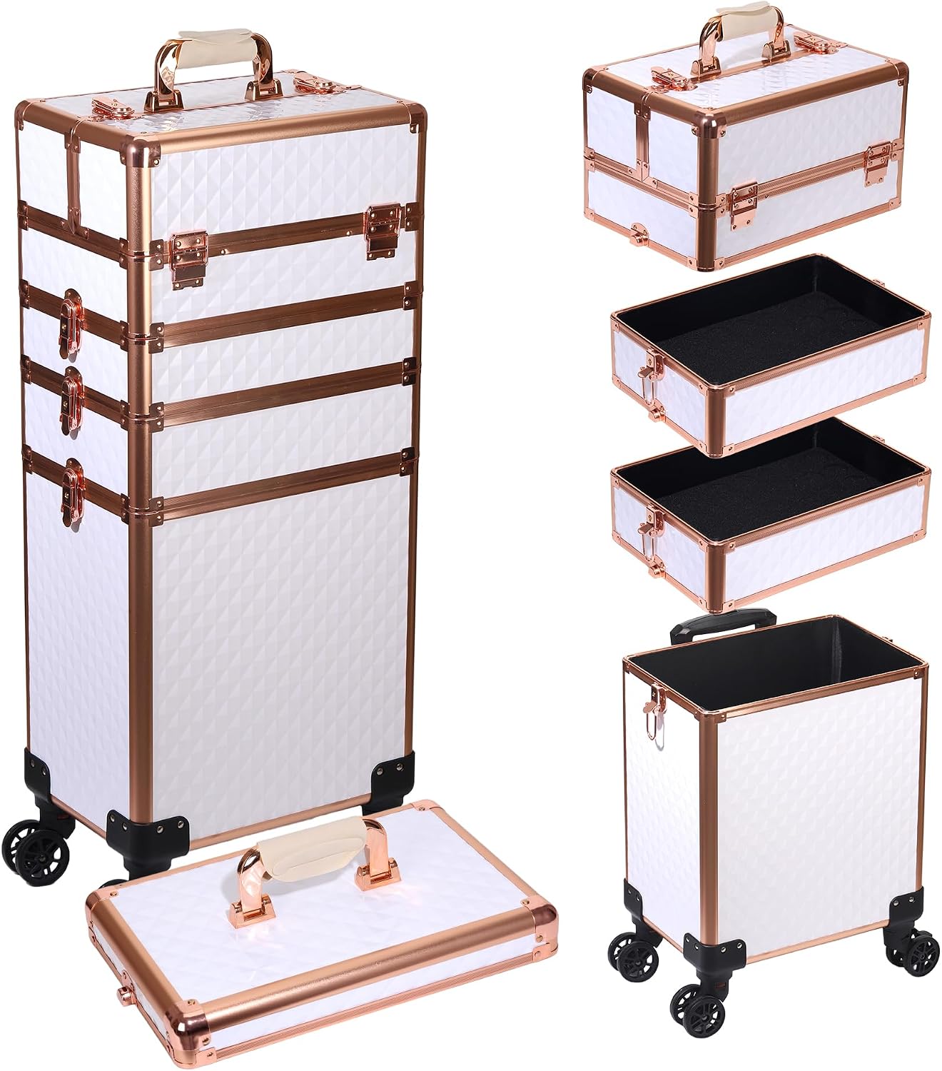 5 in 1 Rolling Makeup Train Case Professional Cosmetic Trolley Large Storage Organizer on Wheels for Hairstylist Artist Nail Beauty Salon Barber White - Gold Frame