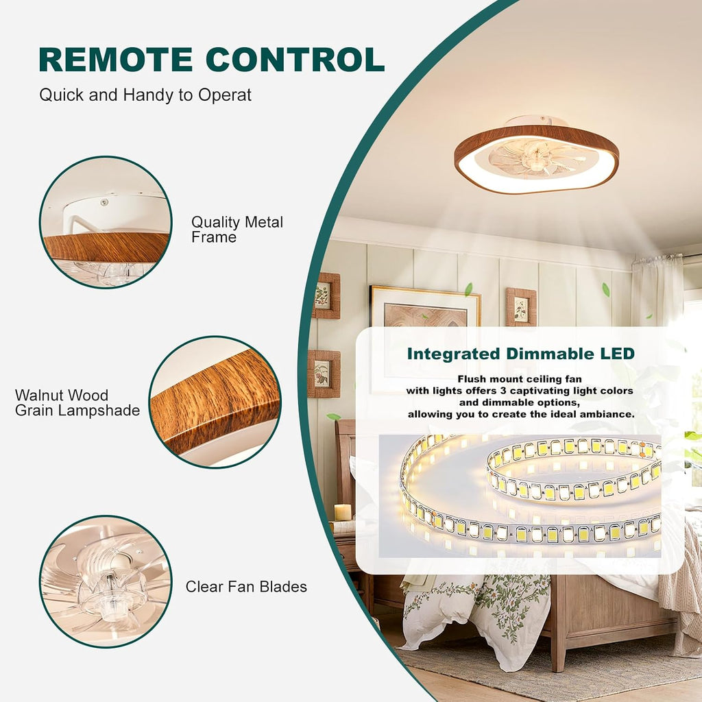 20″ Low Profile Ceiling Fan with Lights, Farmhouse Retro Walnut Wood Grain Ceiling Fan Light, Bladeless Dimmable LED Chandelier Fans for Bedroom Porch