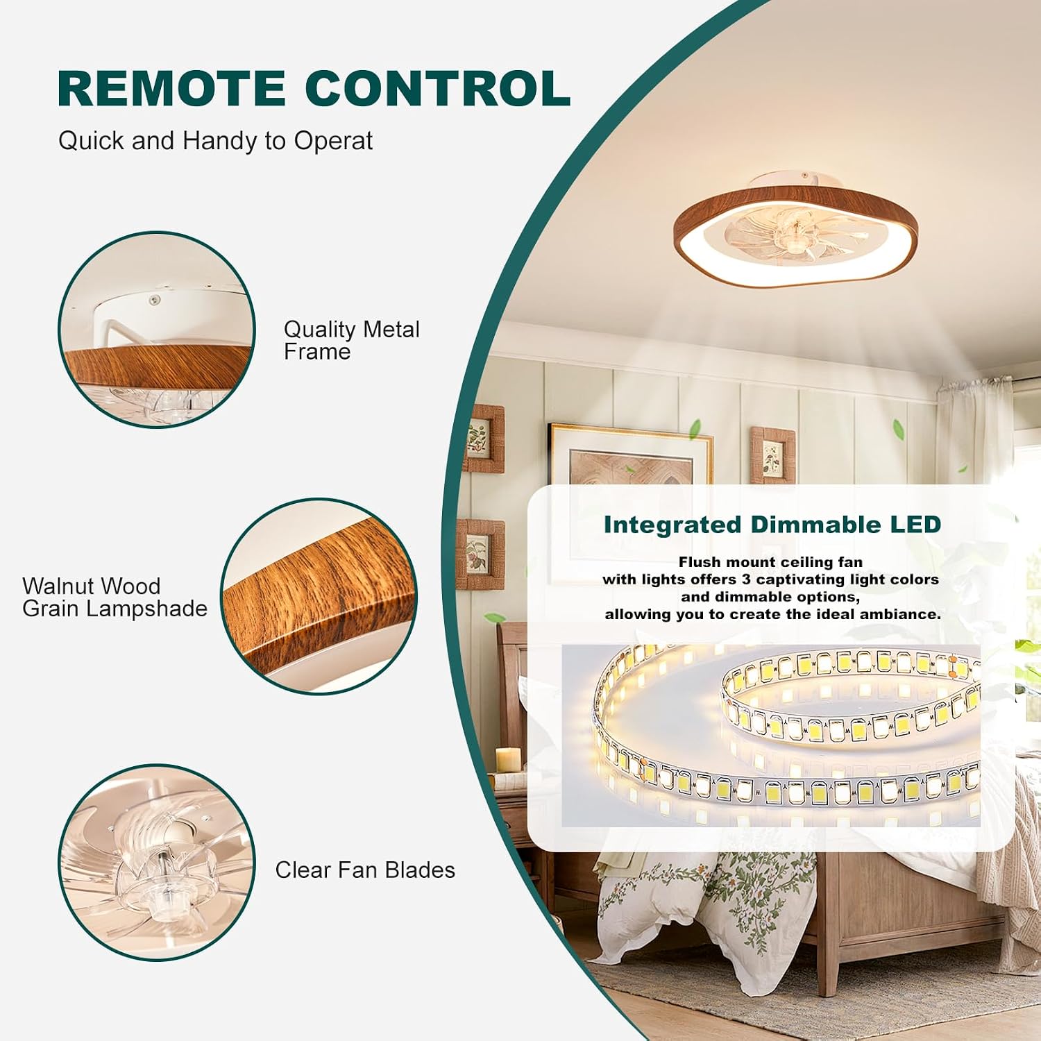 20″ Low Profile Ceiling Fan with Lights, Farmhouse Retro Walnut Wood Grain Ceiling Fan Light, Bladeless Dimmable LED Chandelier Fans for Bedroom Porch