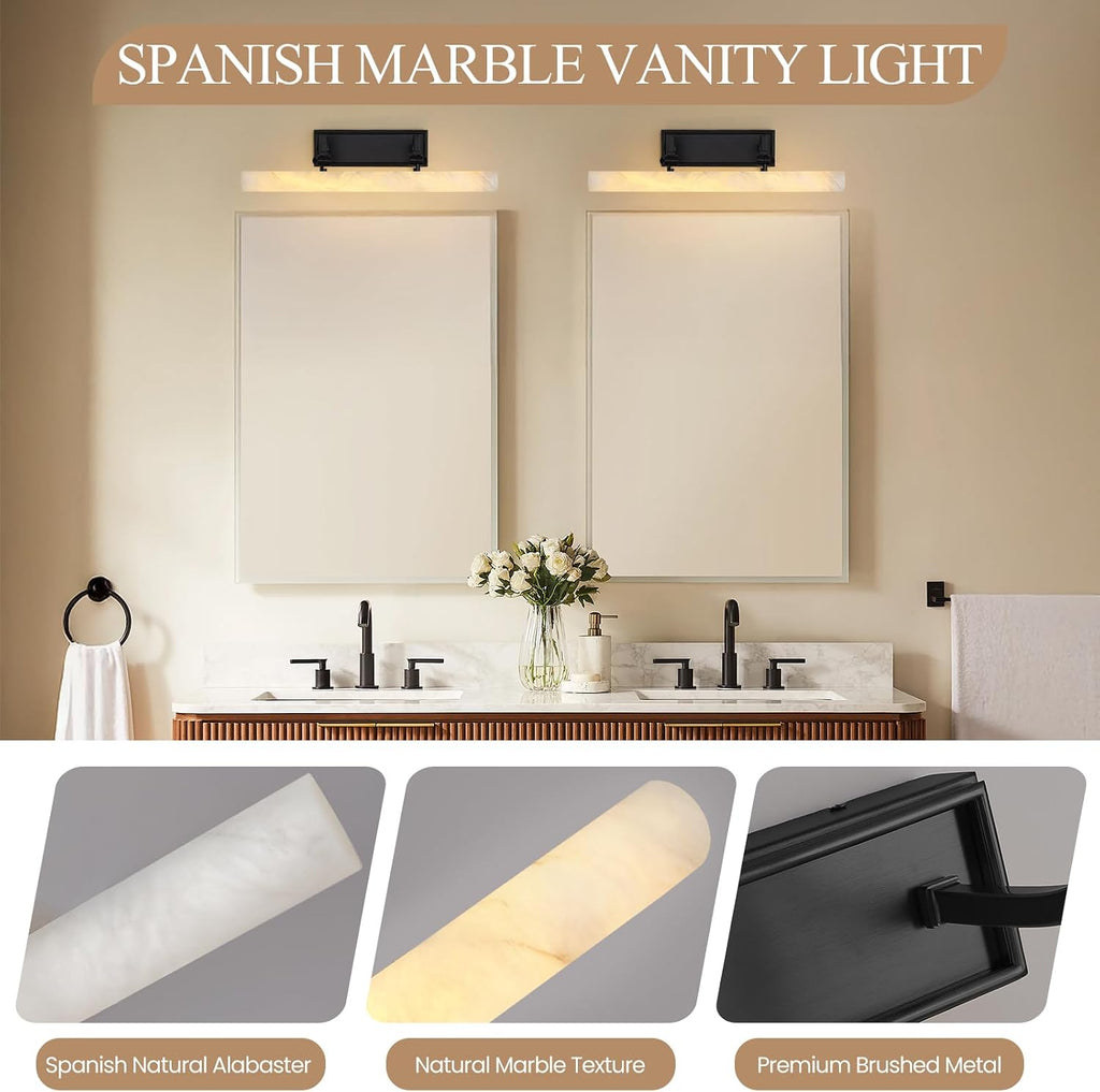 Alabaster Picture Lights for Wall, 20in Spanish Marble Picture Light Hardwired, Black Vanity Lights for Bathroom, Dimmable Modern Wall Lighting Gallery Light for Paintings, Bookshelf, Poster Display